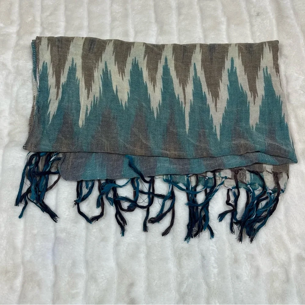 Ikat Boho Teal Brown Cream Fall Spring Tassel Scarf Travel Lightweight Semisheer